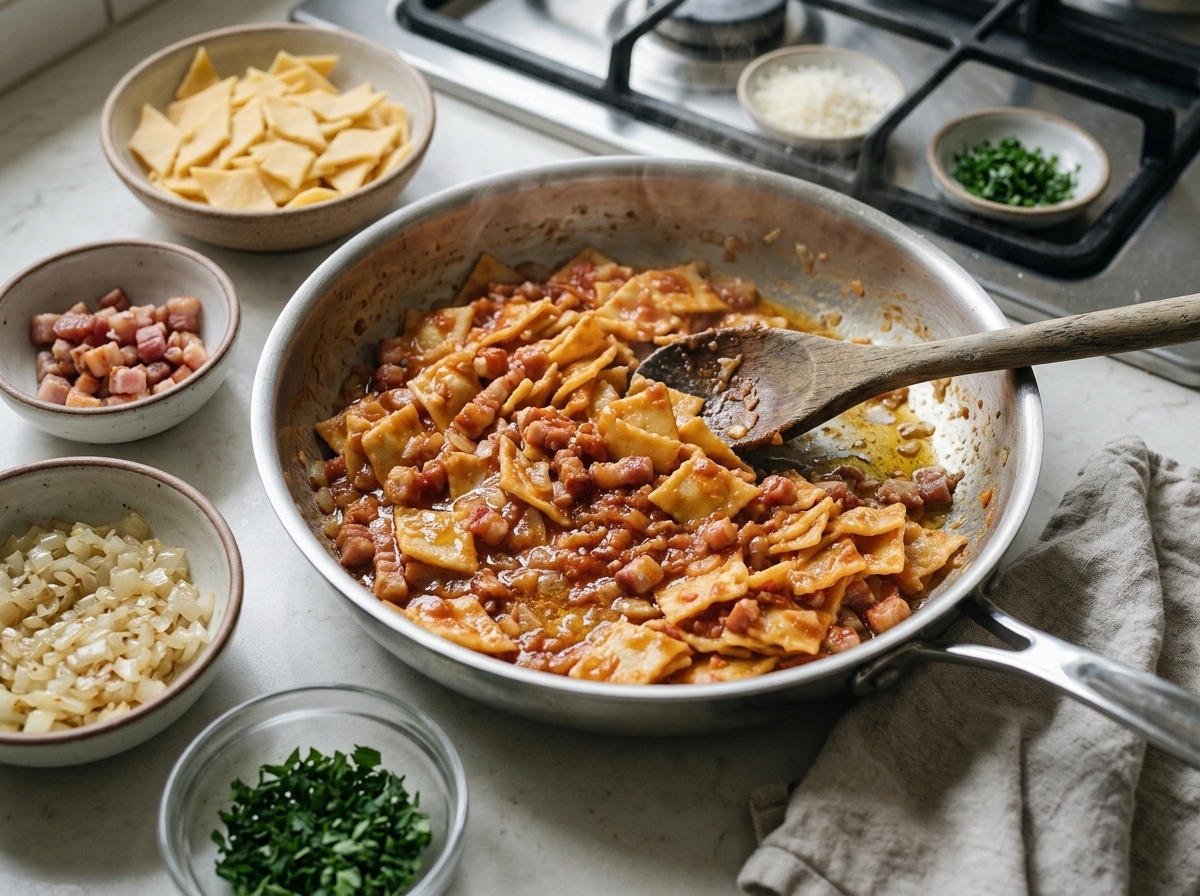 Diced pancetta rendering golden in a skillet alongside softened onion before the tomato passata is stirred in