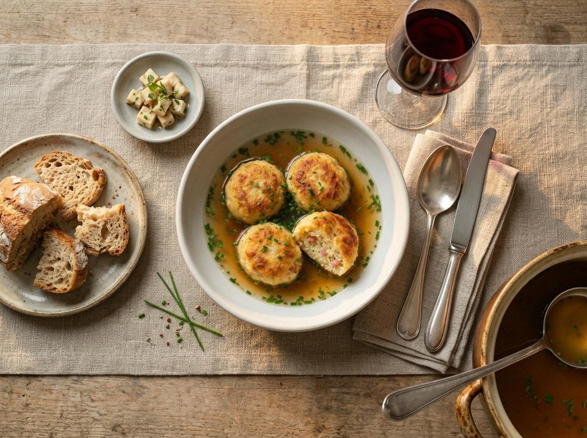 A rustic table set with a bowl of bread dumplings, a linen napkin, and a glass of red wine at dinner.