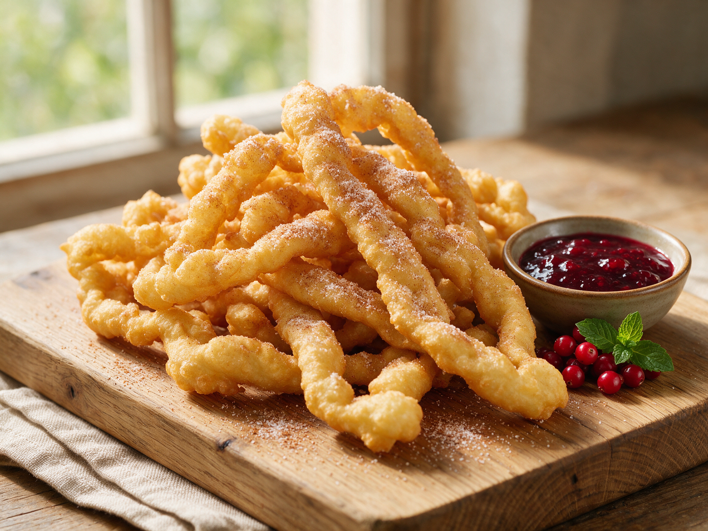 Golden Strauben Tirolesi piled on a wooden board, dusted with cinnamon sugar beside a small bowl of lingonberry jam.