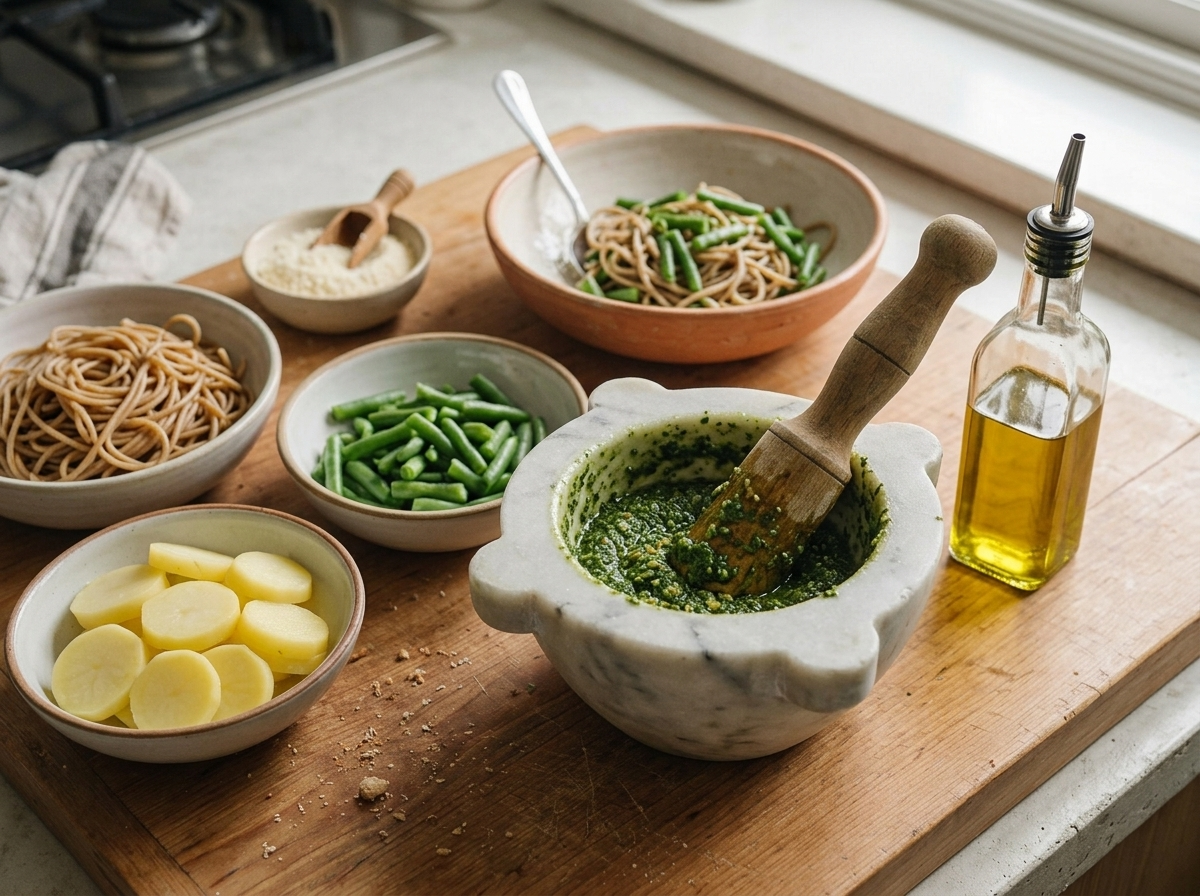 Hands pounding basil, pine nuts, and garlic into a bright green paste with a wooden pestle in a marble mortar.