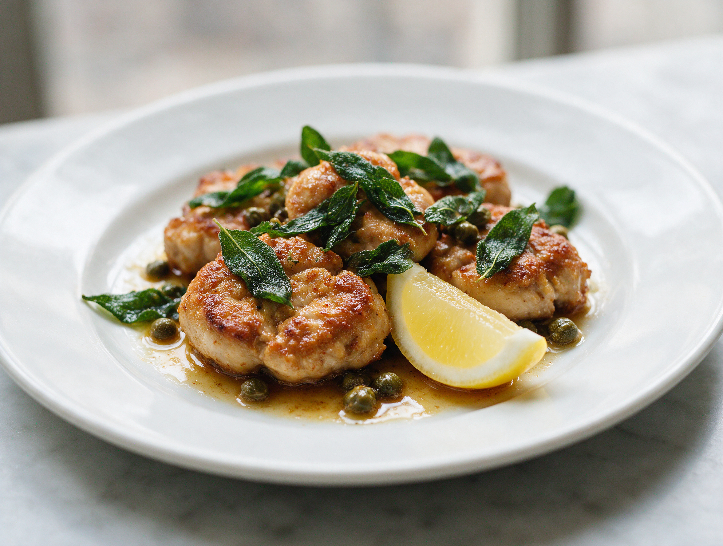 Golden pan-fried veal sweetbread medallions on a white plate with crisp sage leaves and a lemon wedge under soft light.