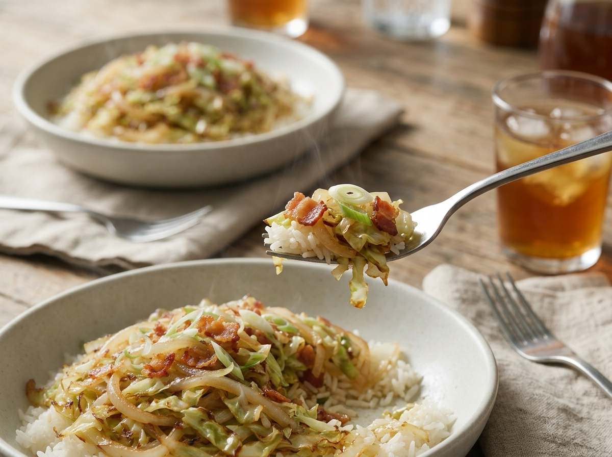 Two bowls of cabbage and rice on a linen-topped table with forks and a glass of iced tea beside them