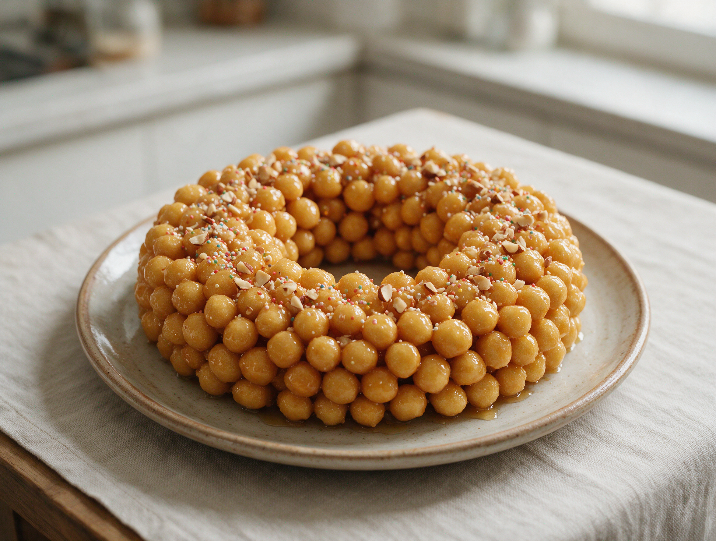 Golden cicerchiata mound glazed with honey, topped with colorful sprinkles and toasted almonds, on a rustic ceramic plate.