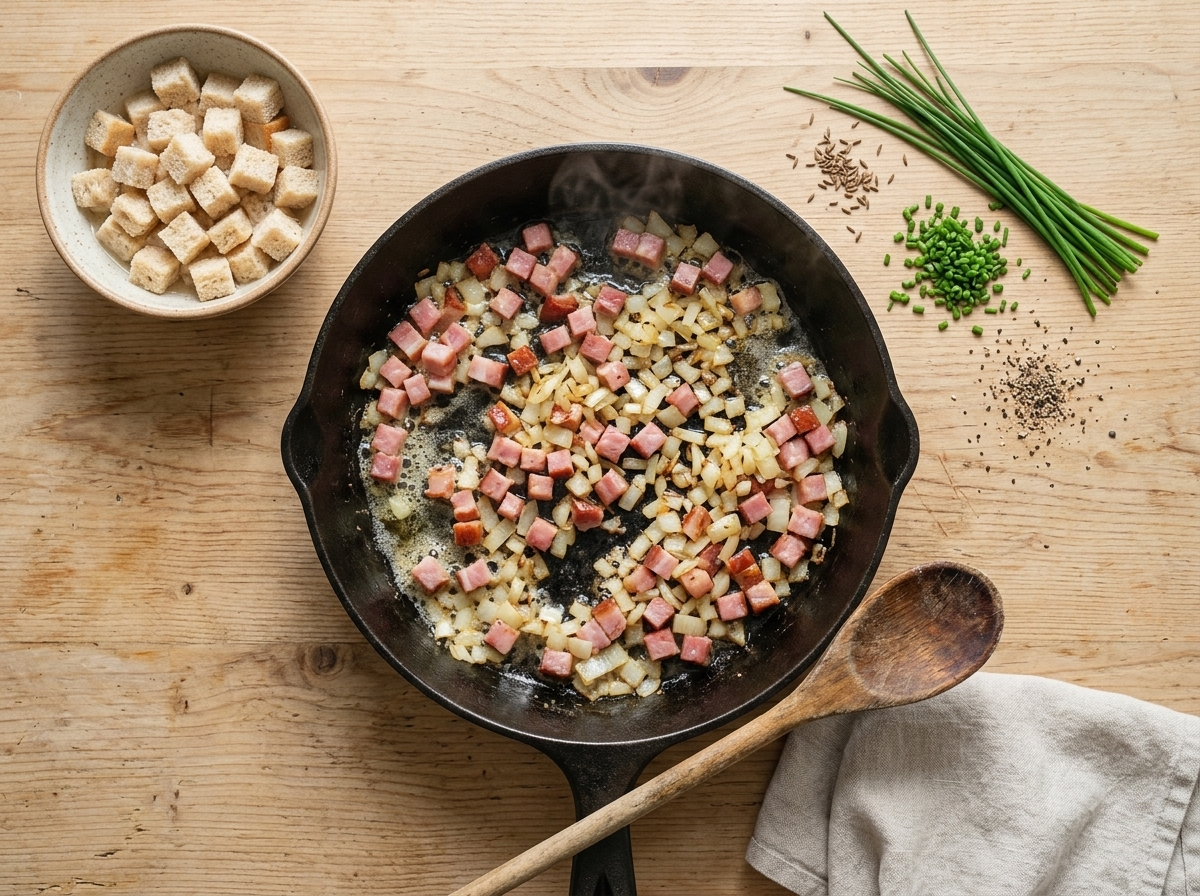 Diced speck and onion sizzling in a skillet before being folded into soaked bread cubes for canederli dough.