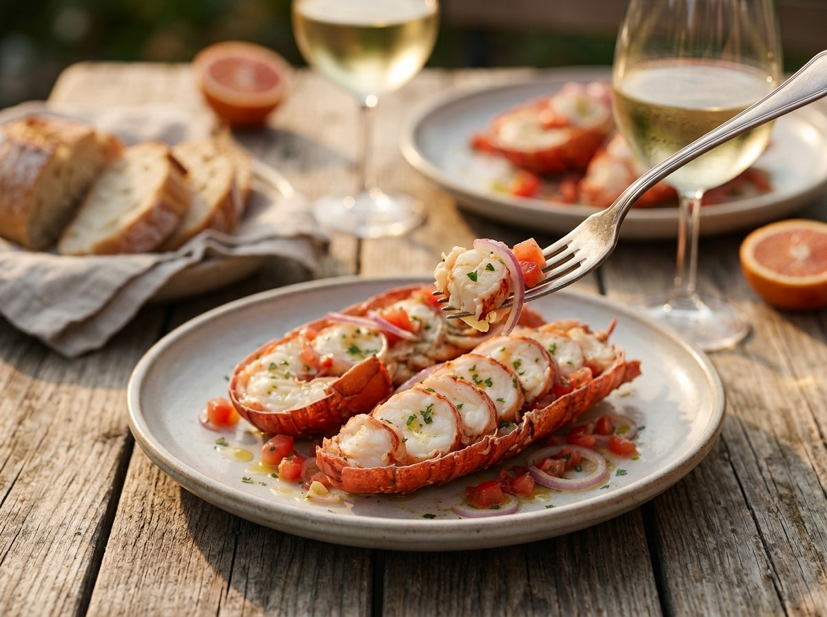 Two plates of aragosta alla catalana on an outdoor table with chilled white wine and crusty bread in golden light