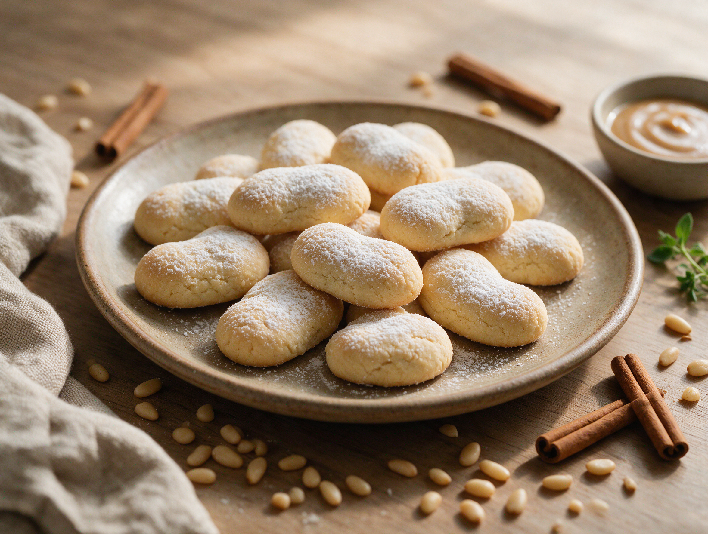 Golden-edged fave dei morti cookies dusted with powdered sugar, piled on a rustic ceramic plate under soft window light.