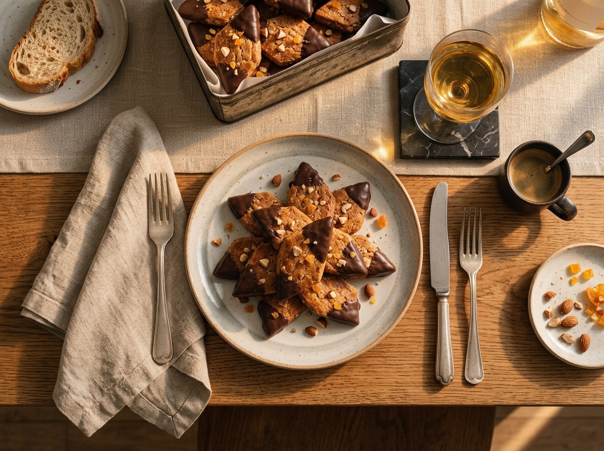 A linen-lined tin of glazed mostaccioli napoletani next to a small espresso cup on a wooden holiday table.