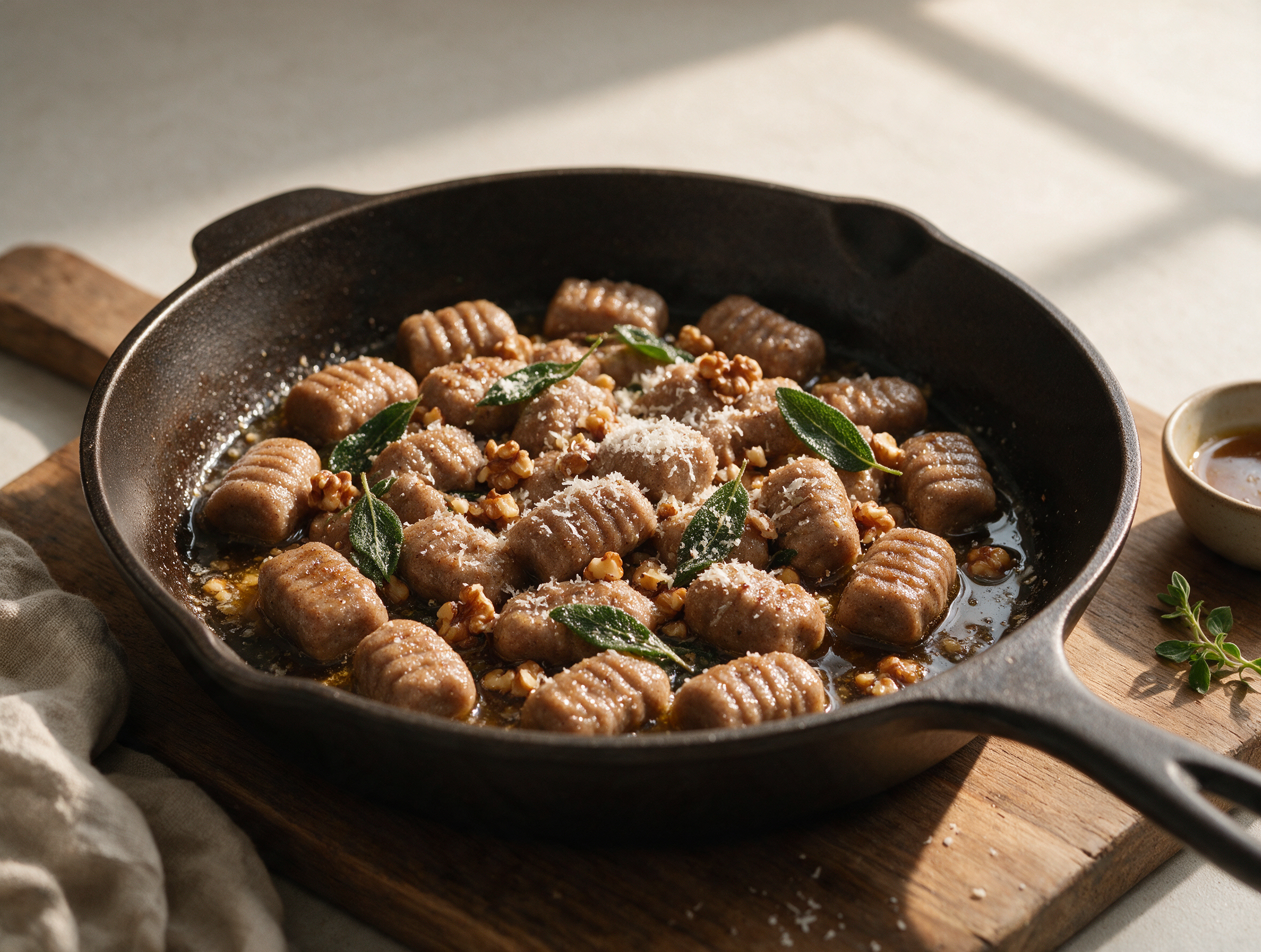 Bowl of chestnut flour gnocchi coated in browned butter, crisp sage leaves and grated parmesan on a rustic wooden board