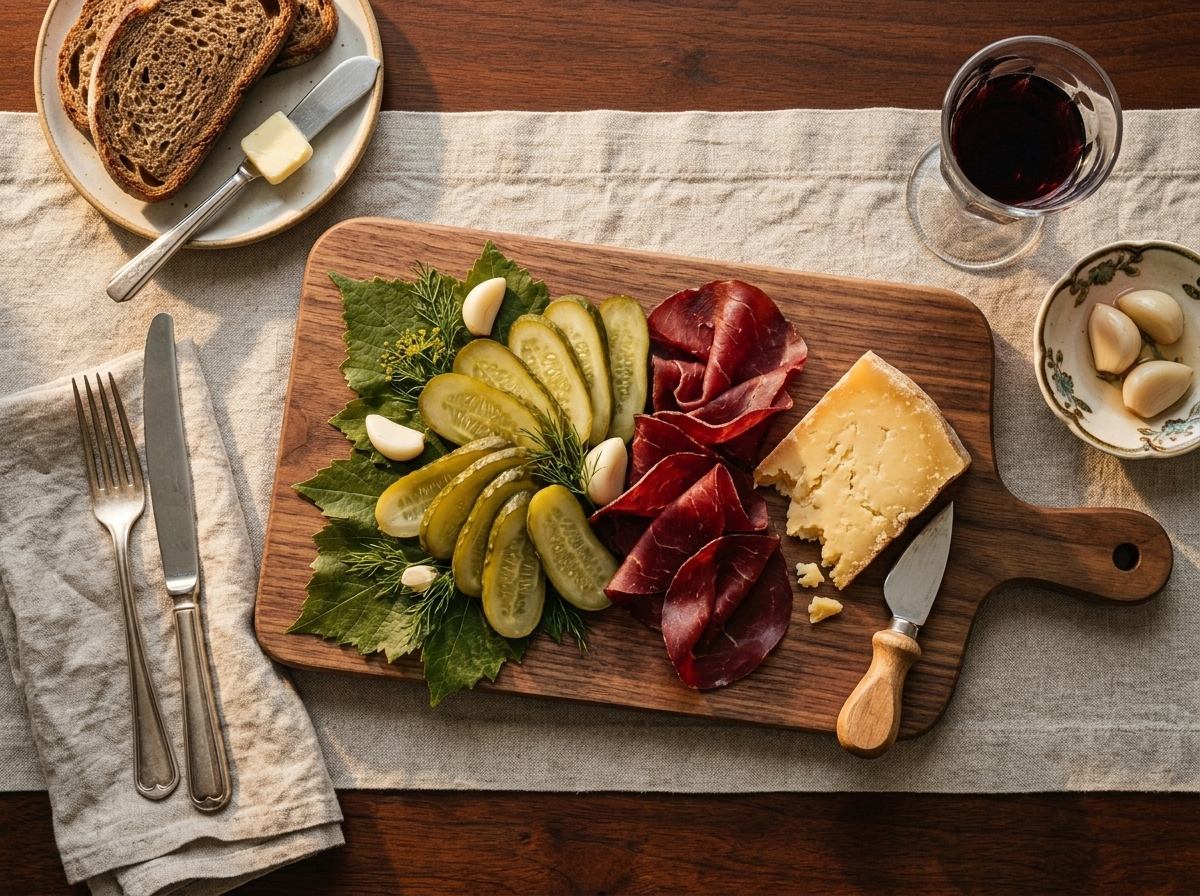 Wooden board with sliced fermented pickles, bresaola, and rustic bread arranged for a casual Alpine-style lunch near a linen napkin.
