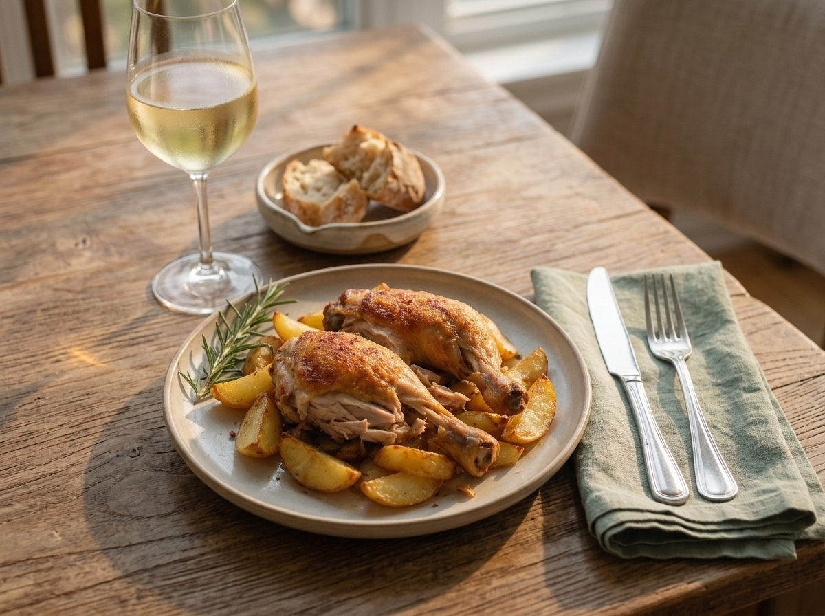 Linen-covered table with a plate of roasted chicken leg and potatoes, a glass of white wine, and torn bread.