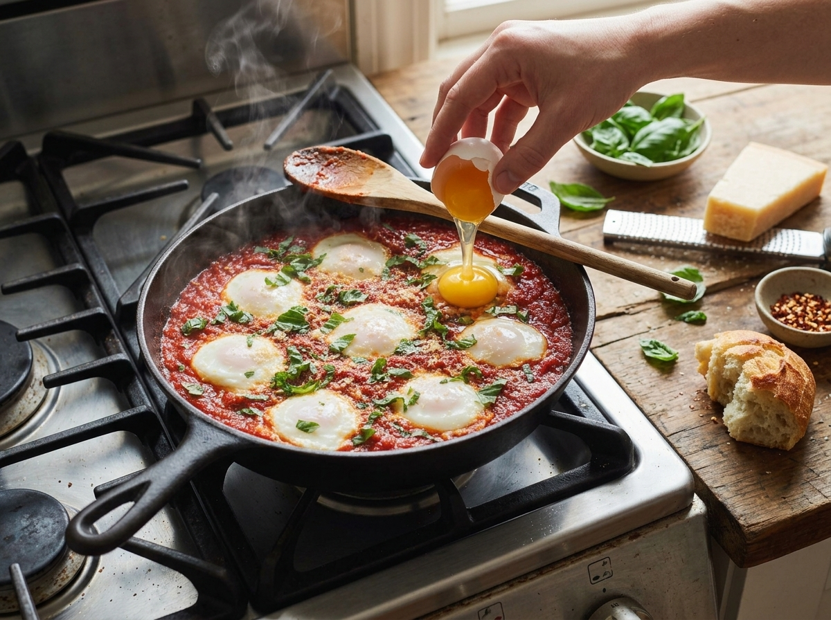 Cracking a fresh egg into simmering spicy tomato sauce in a cast iron skillet, steam rising off the surface