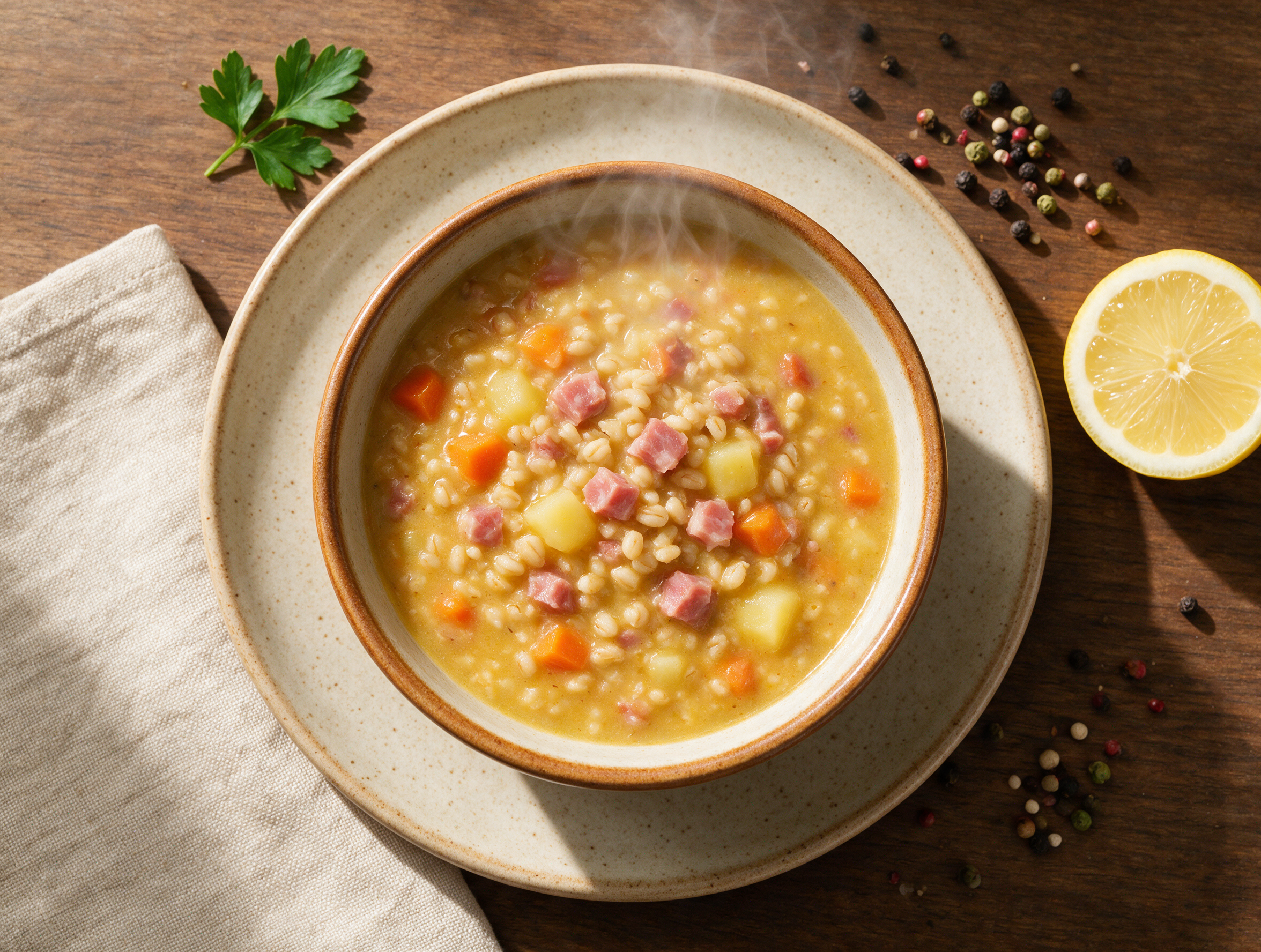 Bowl of Zuppa d'Orzo Tirolese with visible barley, speck, and carrot chunks in thick broth, steam rising on a wooden table