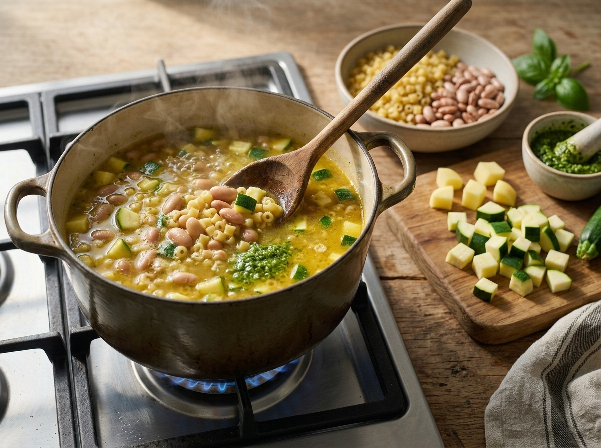 Wooden spoon stirring a pot of simmering vegetable soup with borlotti beans and potatoes, broth bubbling gently.