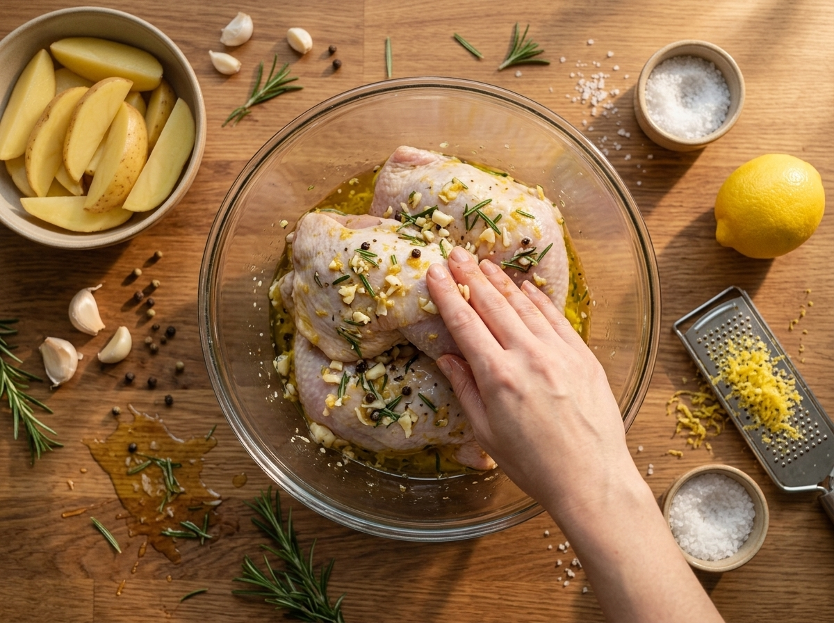 Hands rubbing garlic, rosemary, and lemon zest marinade onto raw chicken leg quarters in a glass mixing bowl.
