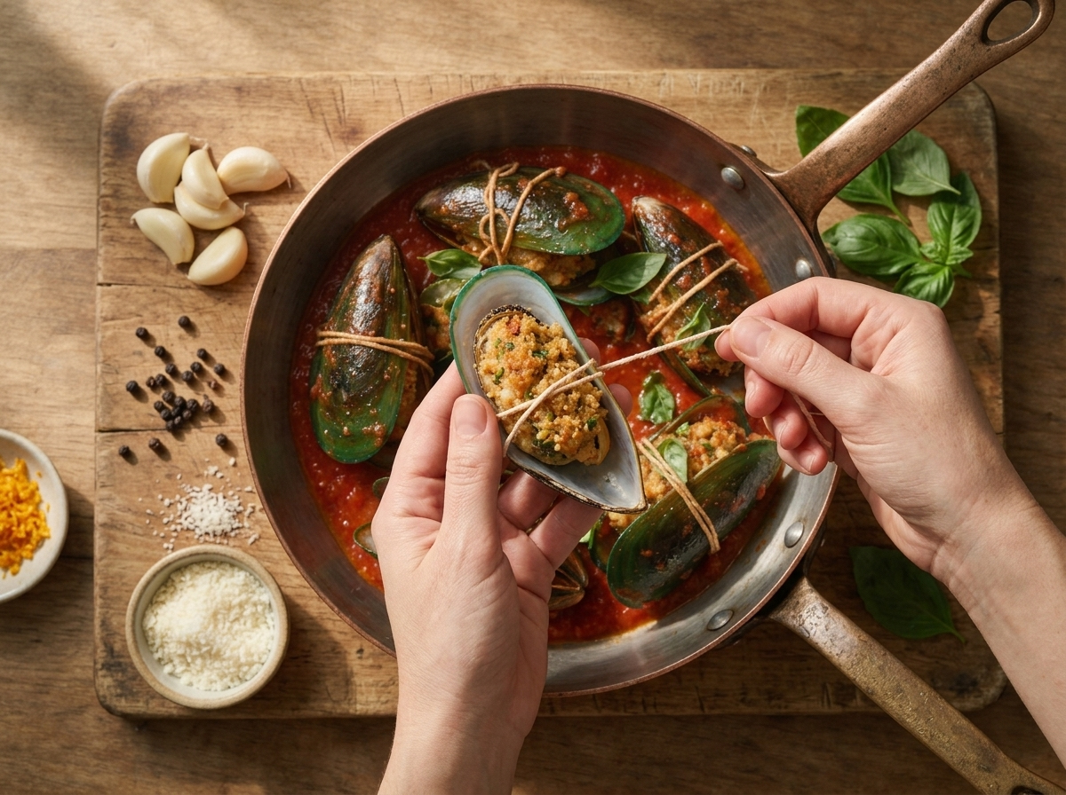 Close-up of hands wrapping kitchen string around an open mussel packed with breadcrumb and pecorino filling on a wooden board.