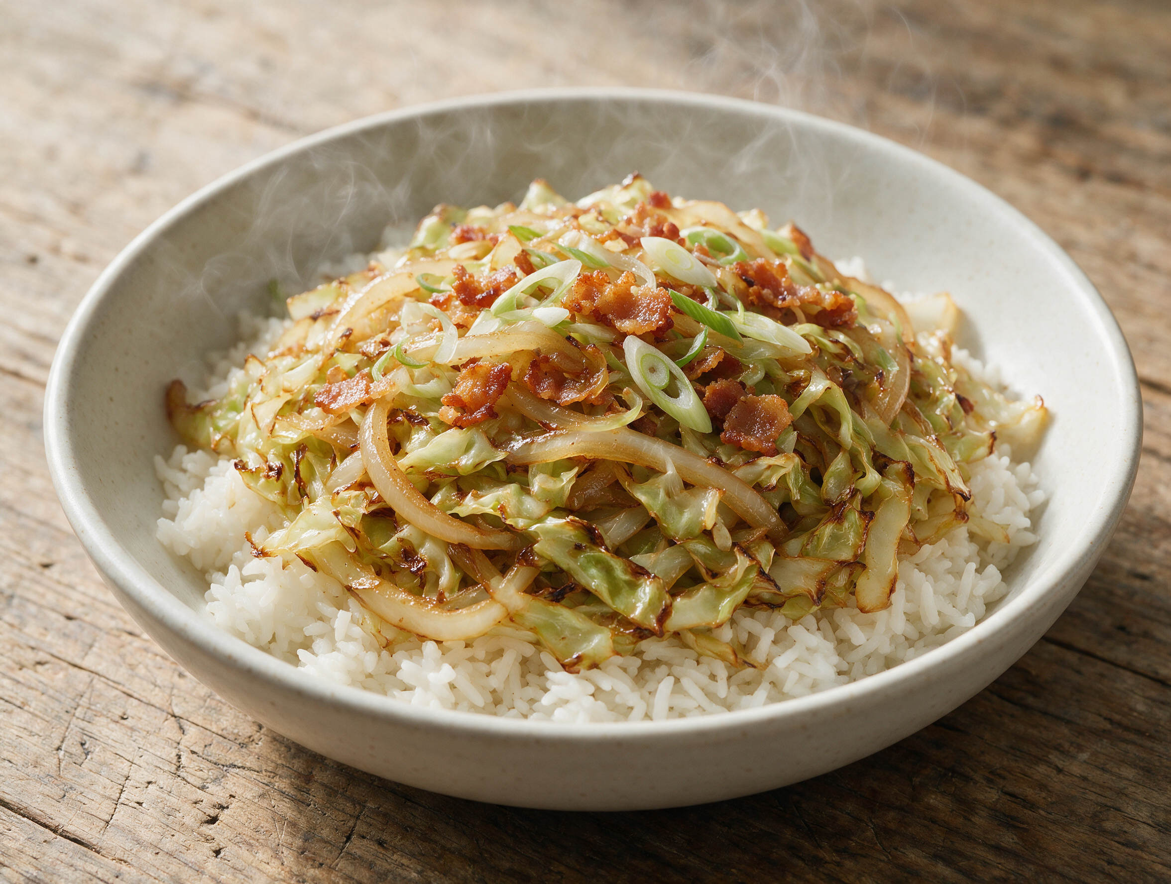 Bowl of fried cabbage and onions with golden caramelized edges served over rice, topped with bacon and green onion