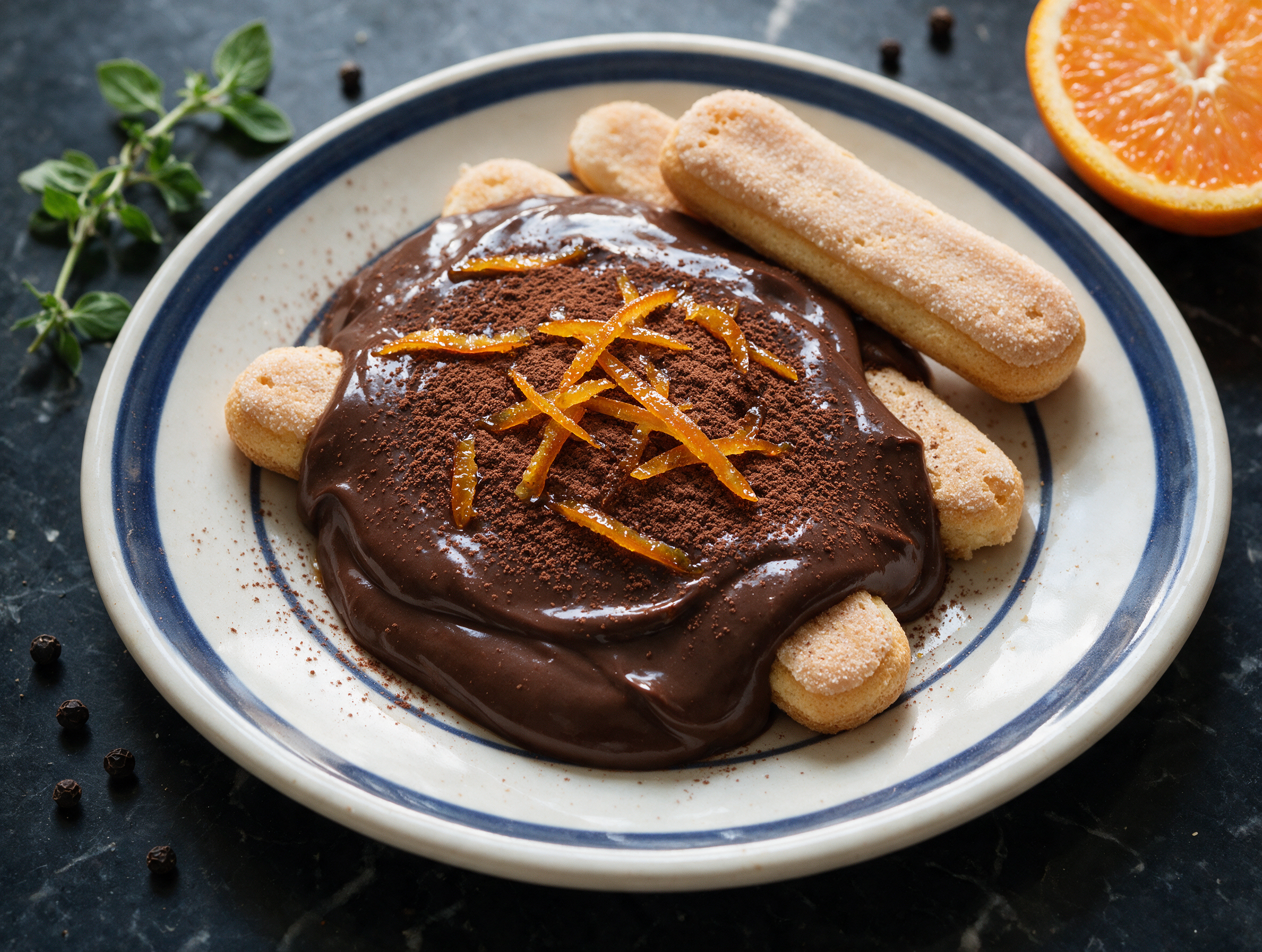 Small glass cups of dark sanguinaccio dolce topped with candied orange peel and cocoa dust on a marble surface
