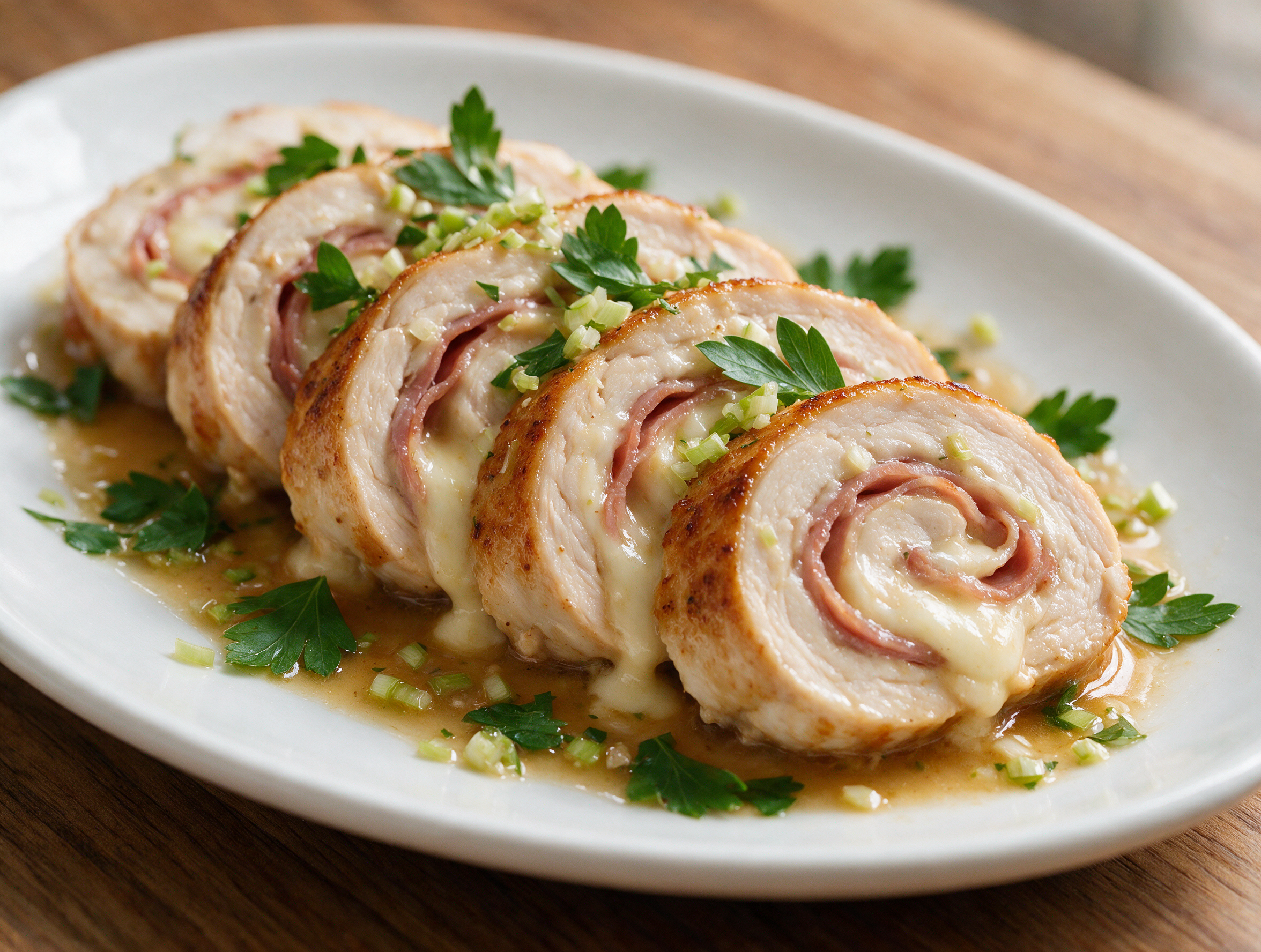 Sliced involtini di pollo fanned on a plate showing molten provolone and prosciutto layers with wine pan sauce pooled around the pieces