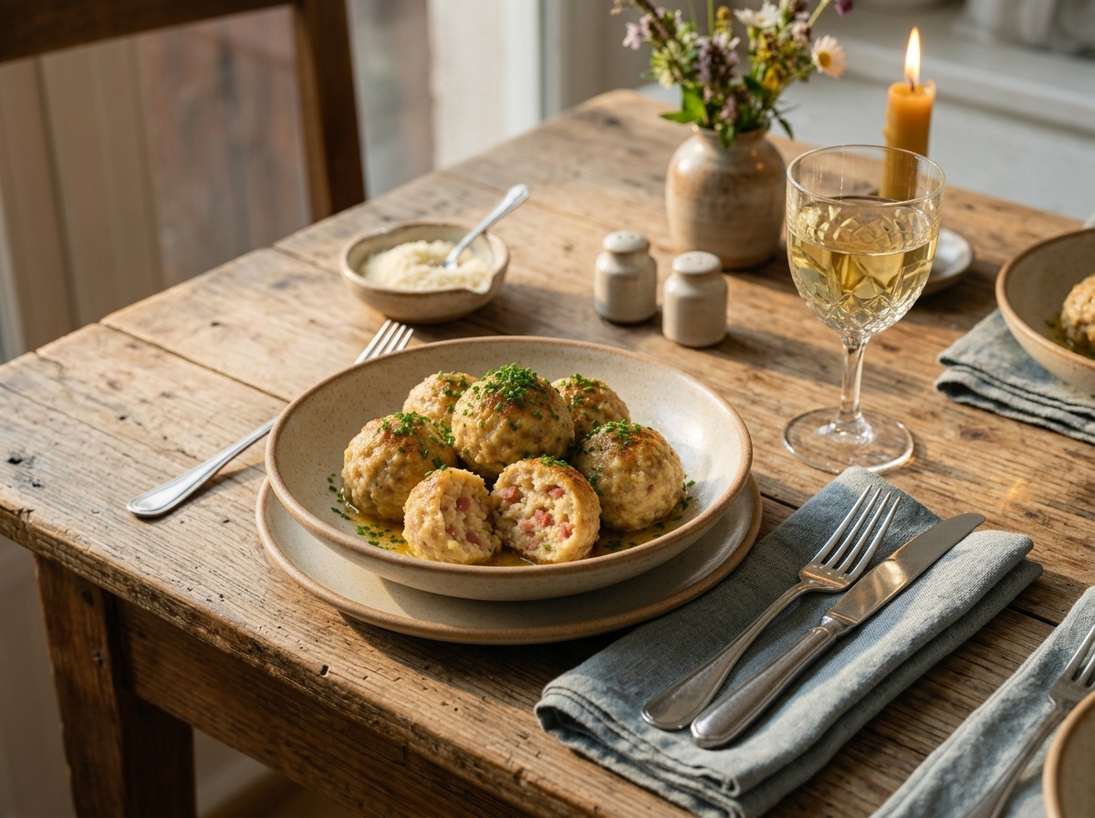 A wooden table set with a bowl of canederli allo Speck in broth, a linen napkin, and a glass of white wine.