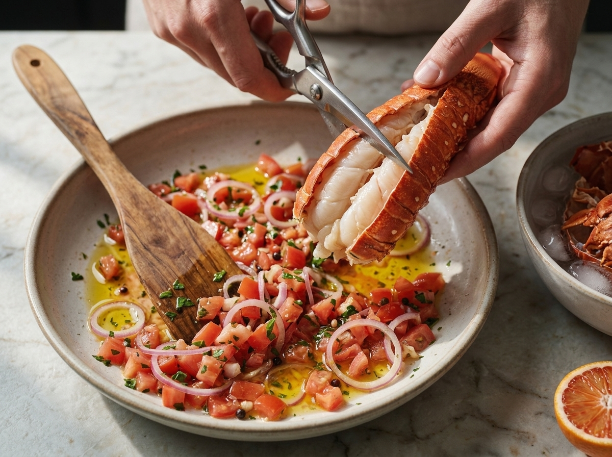 Hands cracking a chilled lobster tail shell with kitchen shears, pale meat visible next to a bowl of ice water