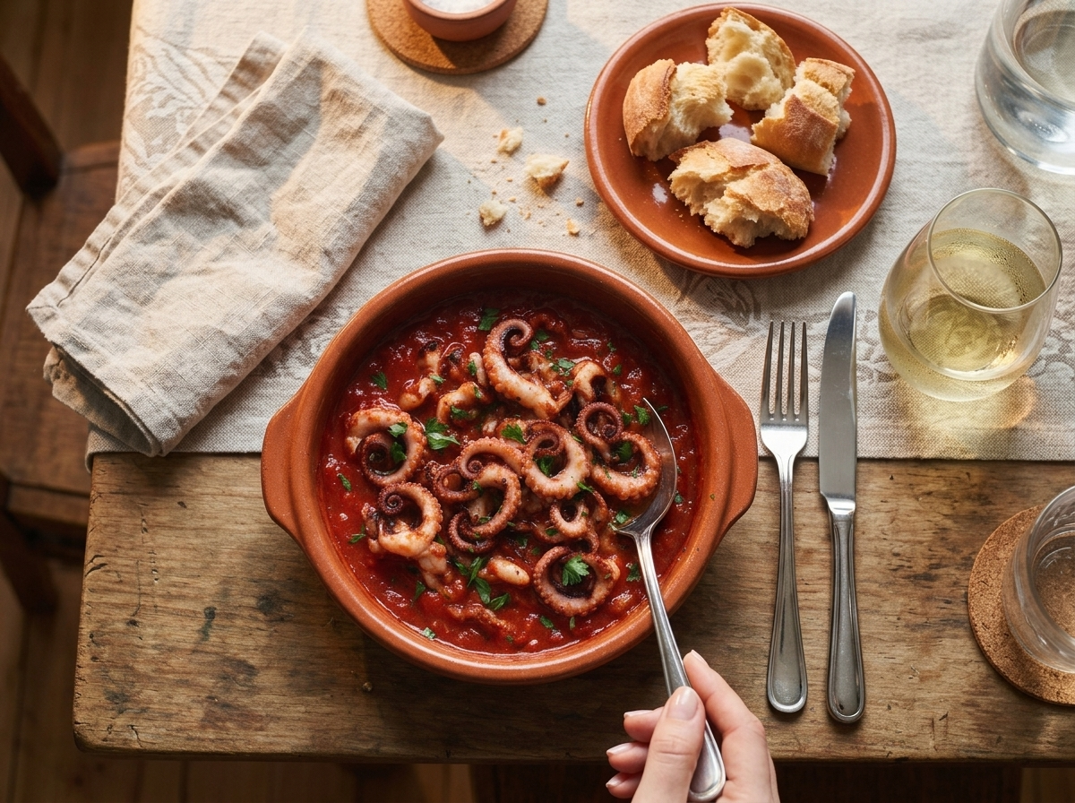 A rustic table set with a bowl of moscardini affogati, a glass of chilled white wine, and torn bread on linen.