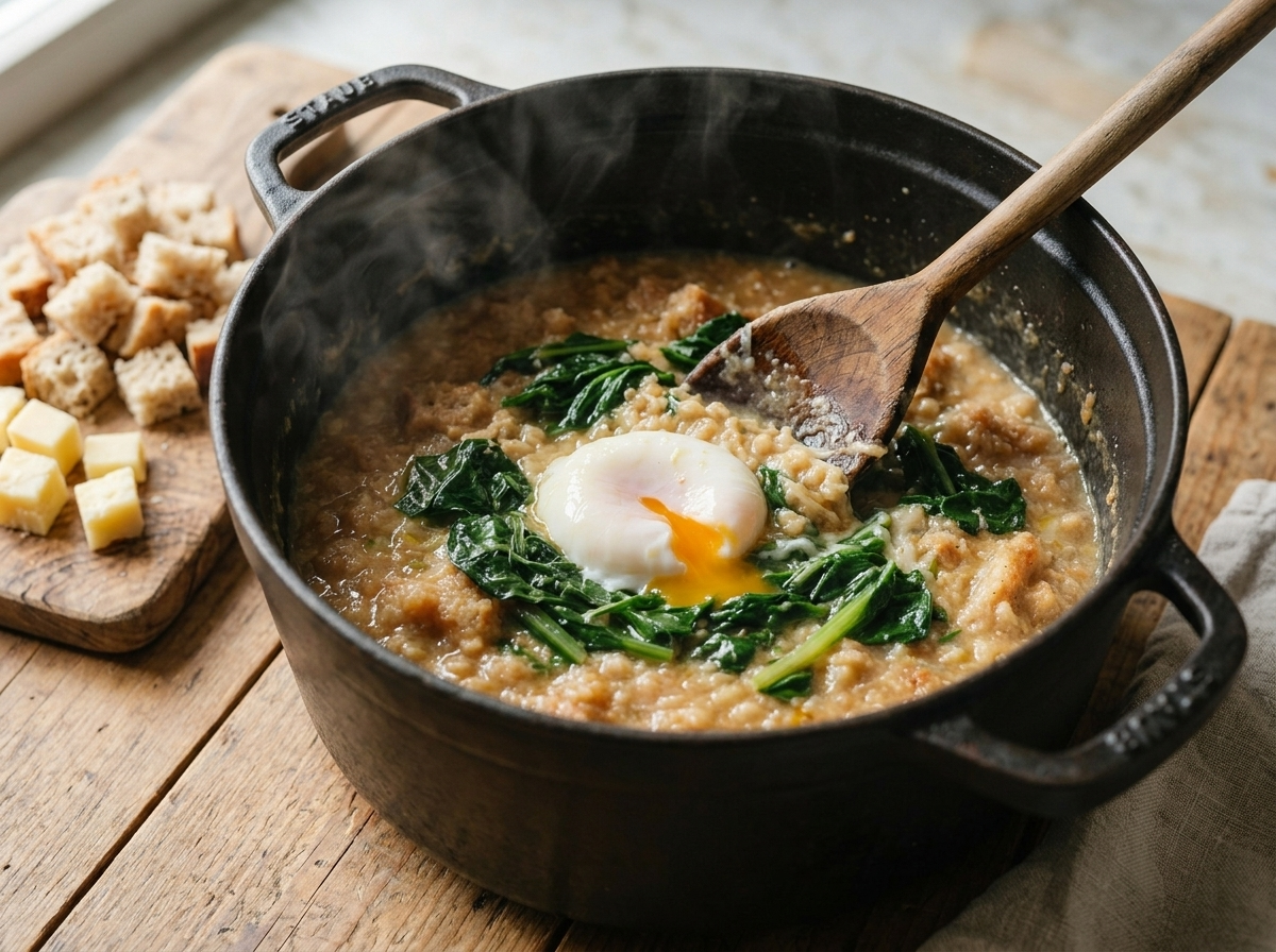 Wooden spoon stirring thick bread porridge with wilted spring greens in a simmering Dutch oven, steam rising.