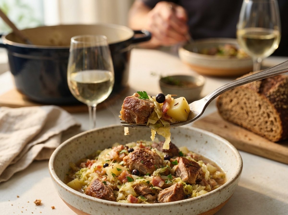 Family table set with the pork and cabbage pot, linen napkins, dark rye bread, and a glass of white wine nearby