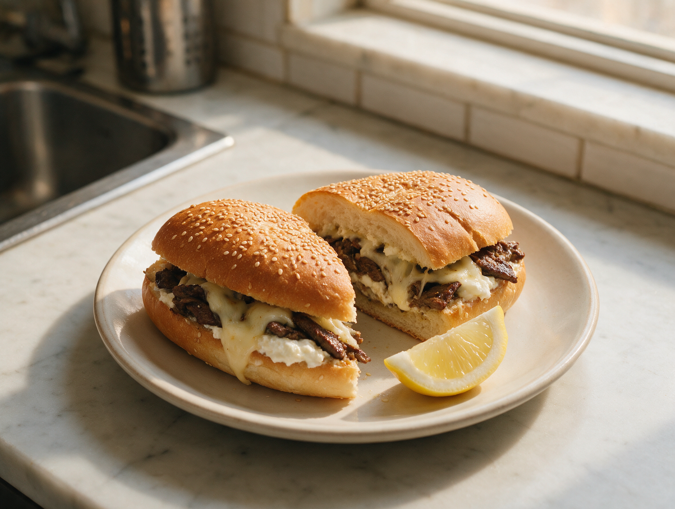 Halved pani ca meusa sandwich on marble showing pan-fried spleen strips, melted caciocavallo, and ricotta inside a sesame roll