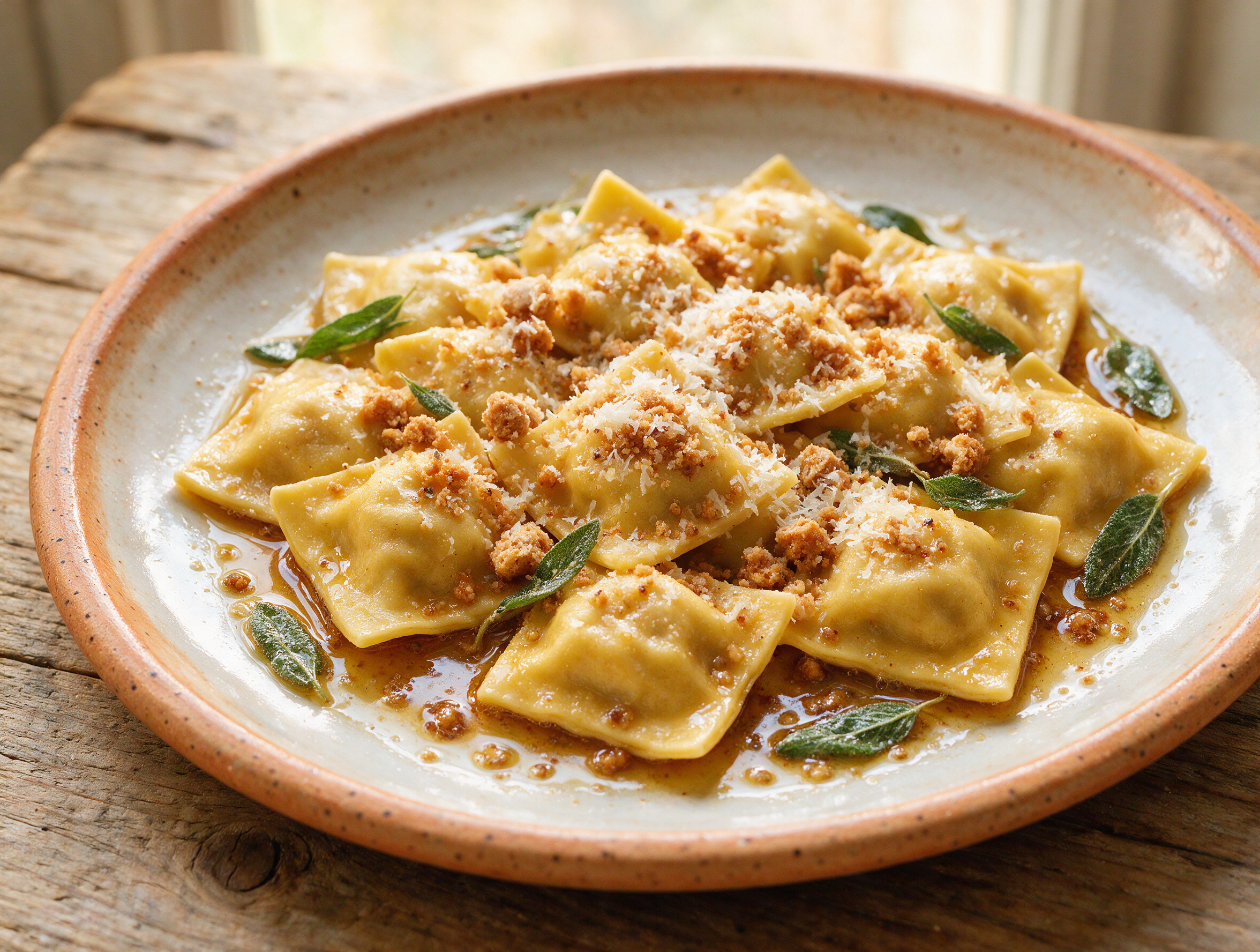 Plated tortelli di zucca mantovani glazed in sage butter with crushed amaretti and Parmigiano on a rustic ceramic plate