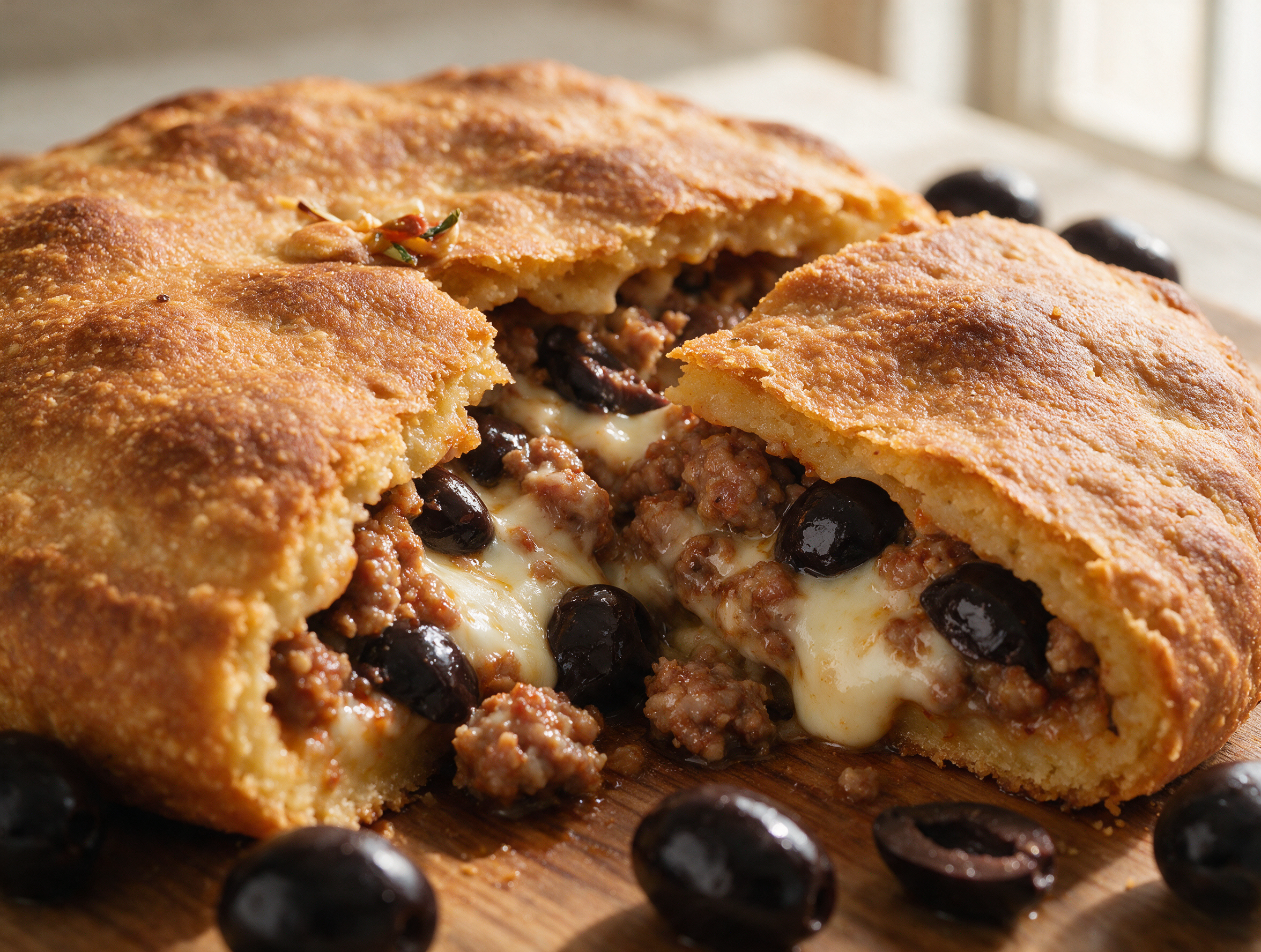 A wedge of impanata ragusana on a rustic plate reveals molten caciocavallo, sausage ragu, and olives inside a golden crust.