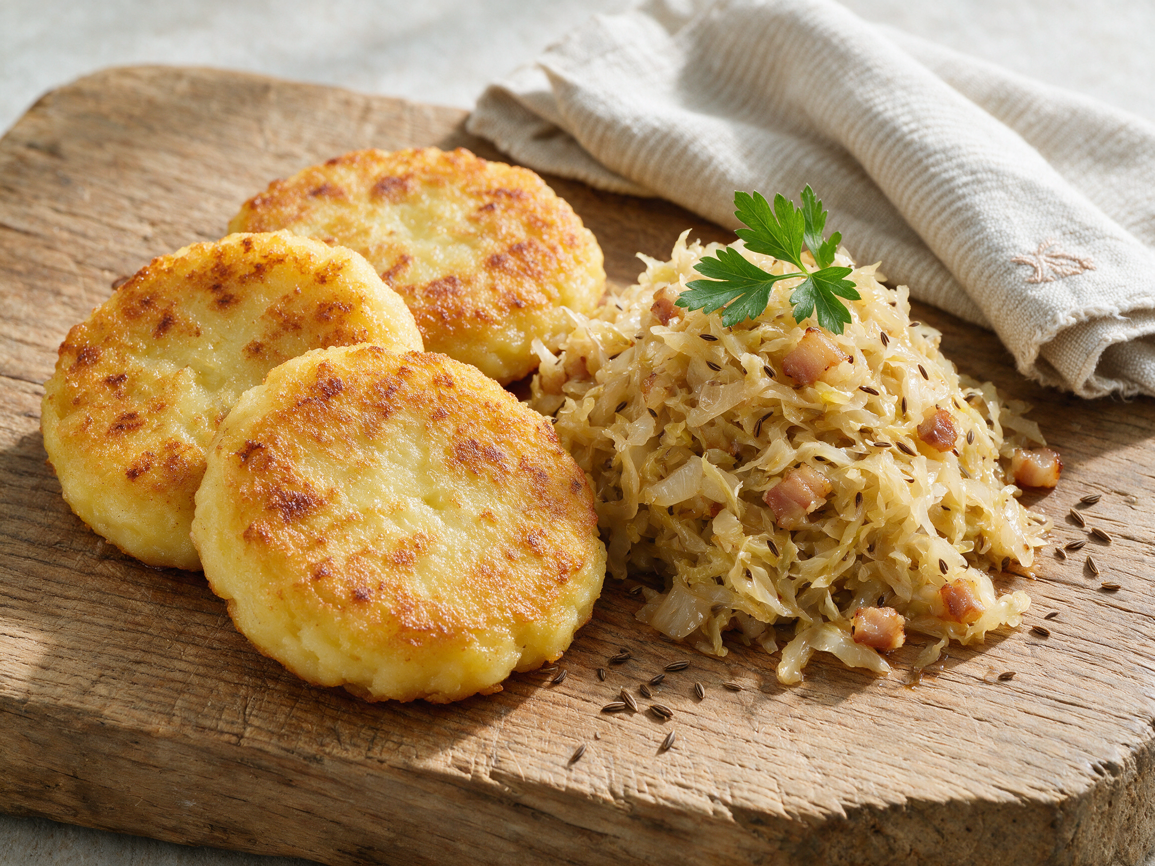 Golden pan-fried potato patties served beside braised sauerkraut with speck, plated on a rustic wooden board