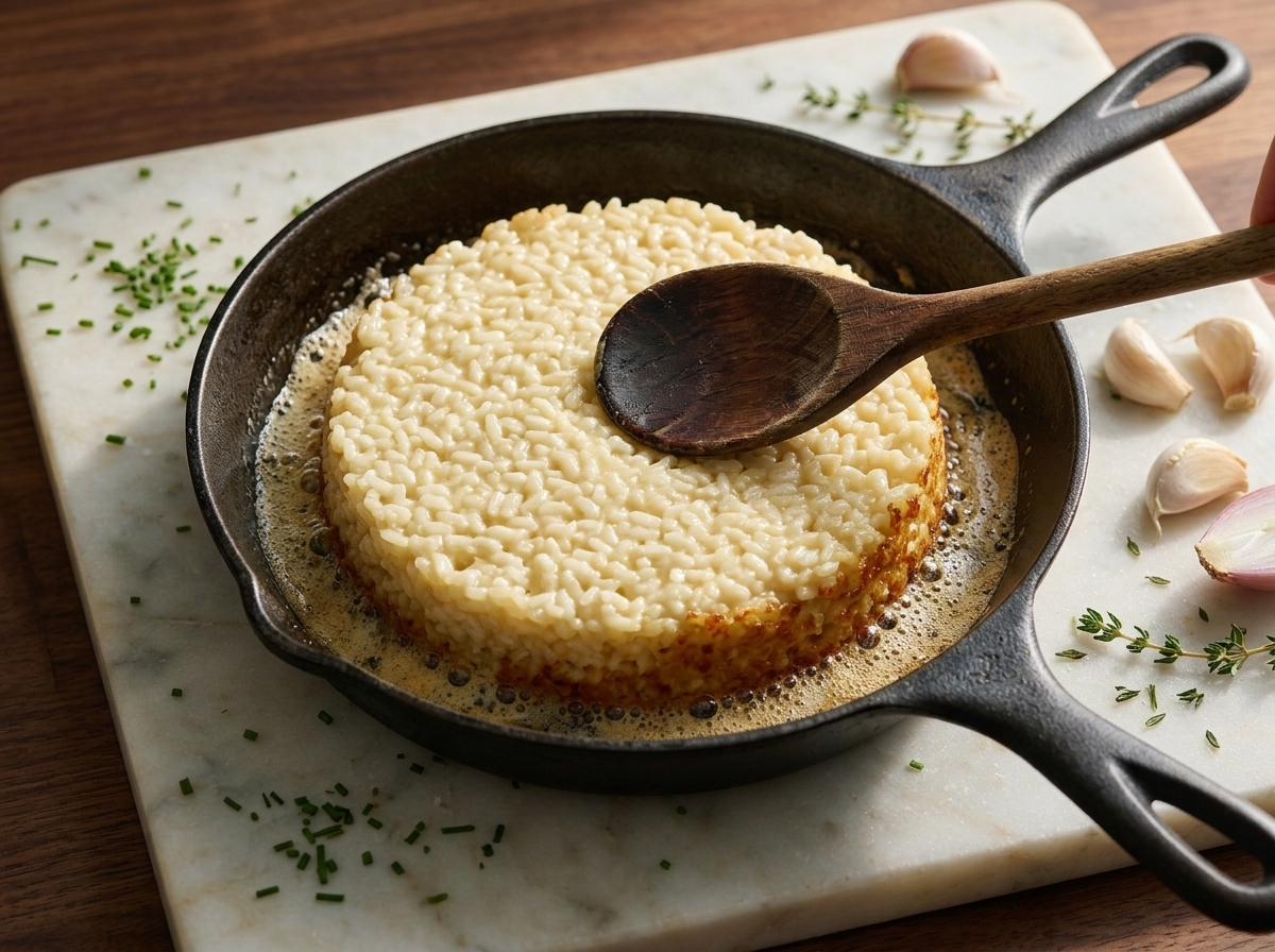 Pressing cold risotto firmly into a butter-foamed skillet, forming an even disc before the golden crust sets in.