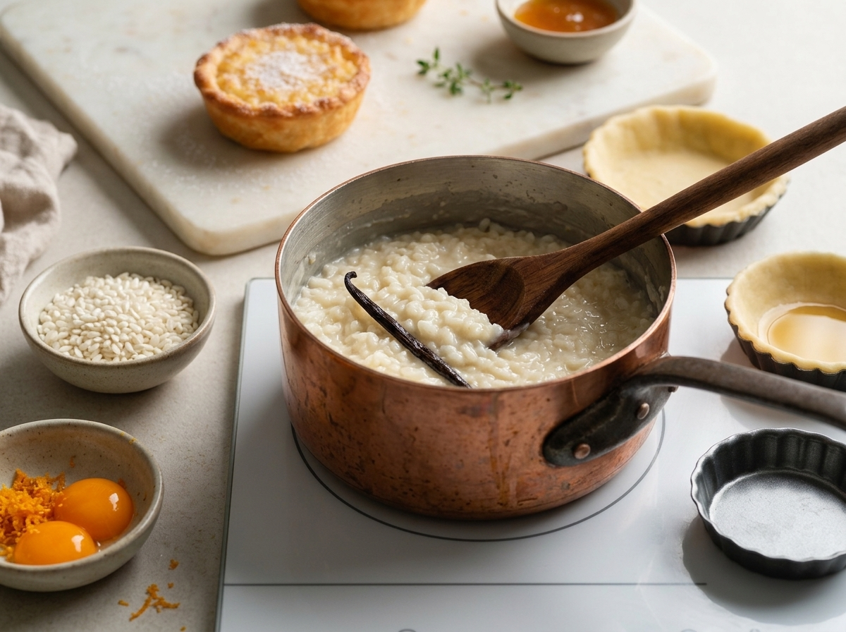 Rice and milk simmering in a saucepan with a split vanilla bean, thick porridge visible before eggs are stirred in
