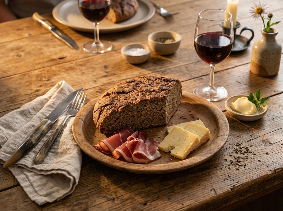 A wedge of Pusterer Breatl plated with speck and mountain cheese on a rustic Alpine kitchen table.