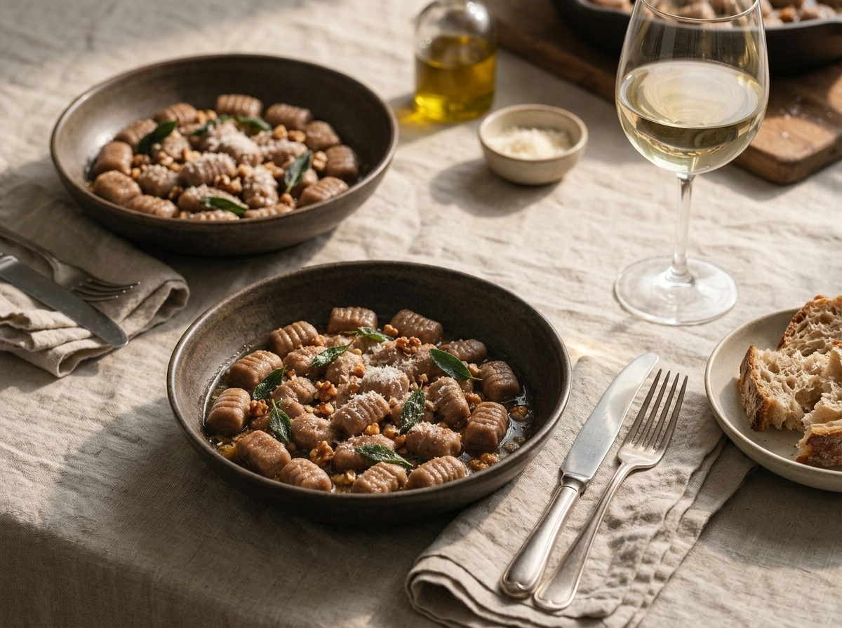 Two bowls of chestnut flour gnocchi on a linen table, a glass of wine and crusty bread in warm window light