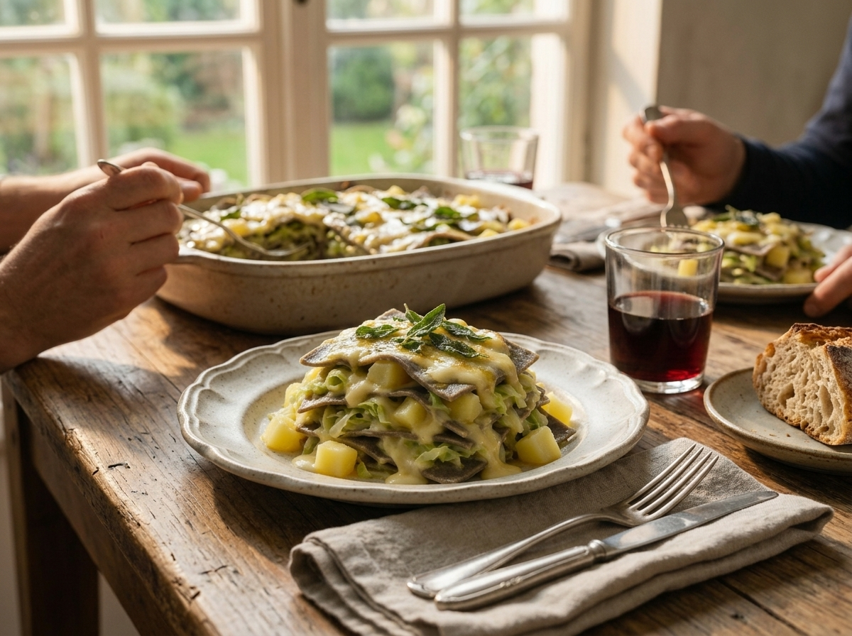 Family sharing a warm dish of Valtellina pasta at a linen-covered table with red wine and crusty bread nearby