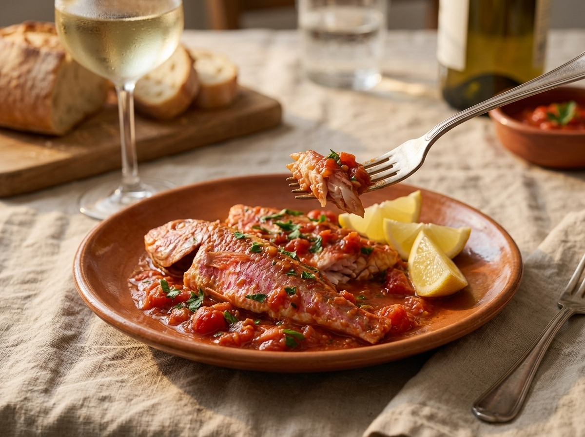 A rustic table setting with a plate of triglie alla livornese, crusty bread, and a glass of white wine in soft light