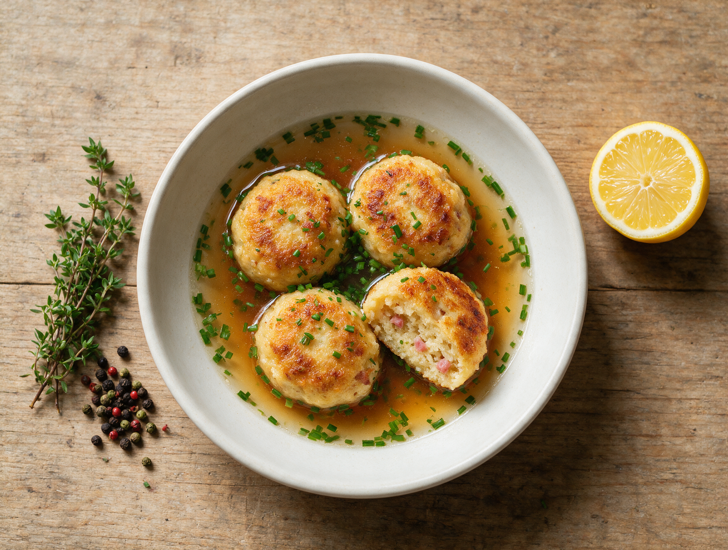 Golden pan-fried Pressknödel Altoatesini in a shallow bowl of broth, topped with fresh chives on a rustic wood table.