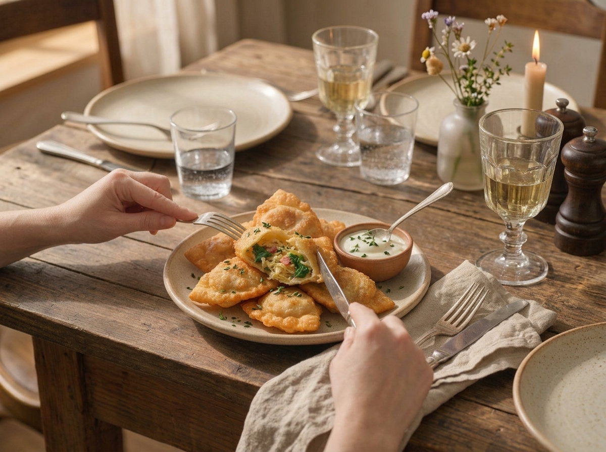 Rustic table setting with a plate of fried tirtlen, a glass of white wine, and a linen napkin under warm afternoon light