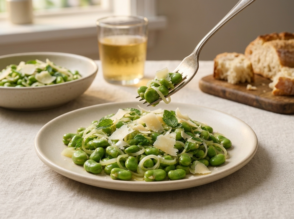 Two rustic bowls of fave e pecorino set on a linen napkin beside a glass of chilled white wine and crusty bread.