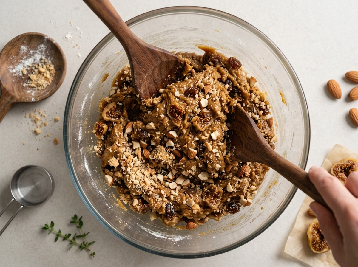 Hands mixing amaretti crumbs, chopped figs, and raisins into a sticky spiced dough in a glass bowl.