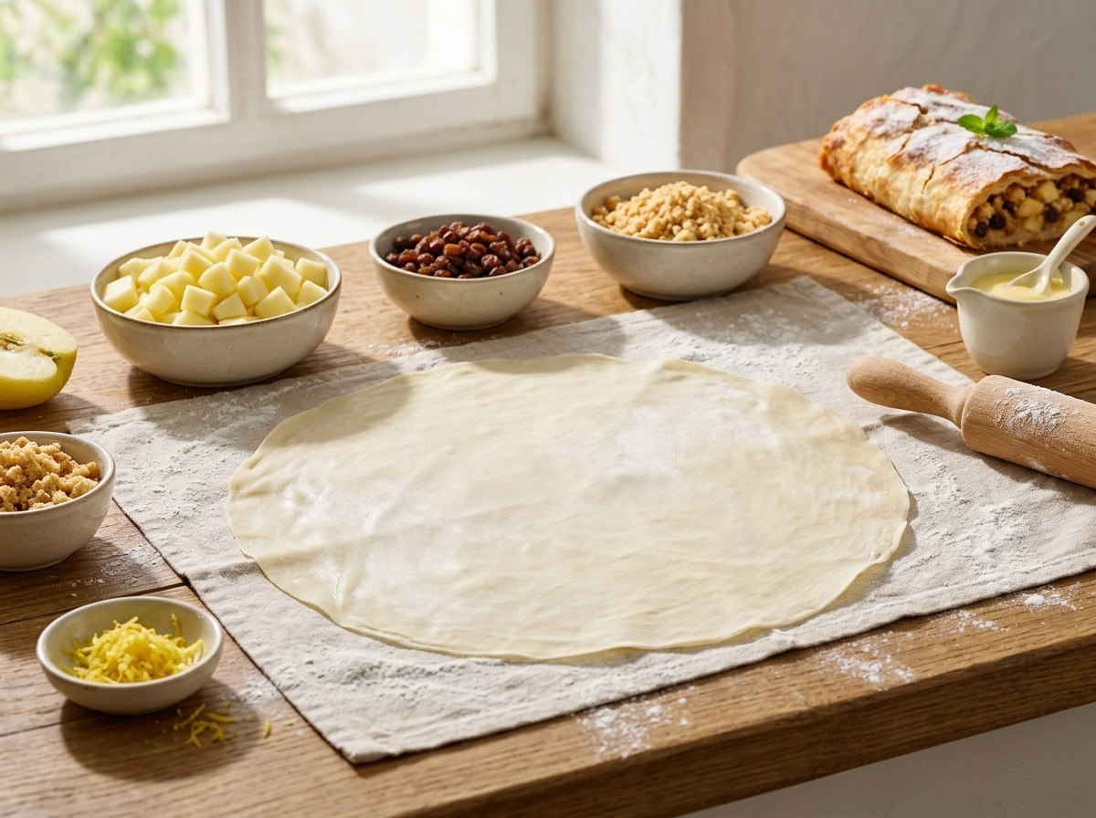 Hands stretching strudel dough paper-thin over a floured linen cloth with apple filling bowl resting on the counter nearby