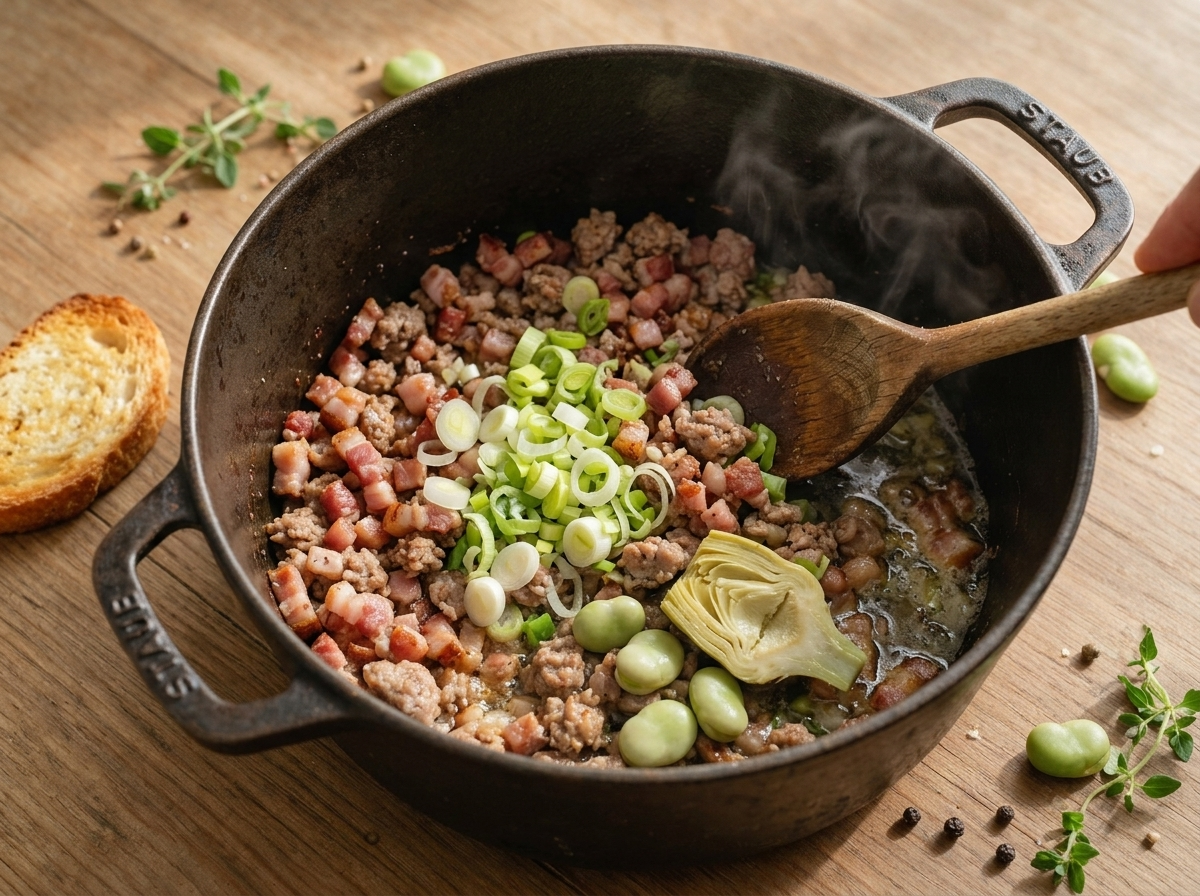 Pancetta and ground veal browning in a Dutch oven with sliced spring onions, wooden spoon stirring the pot on the stovetop.
