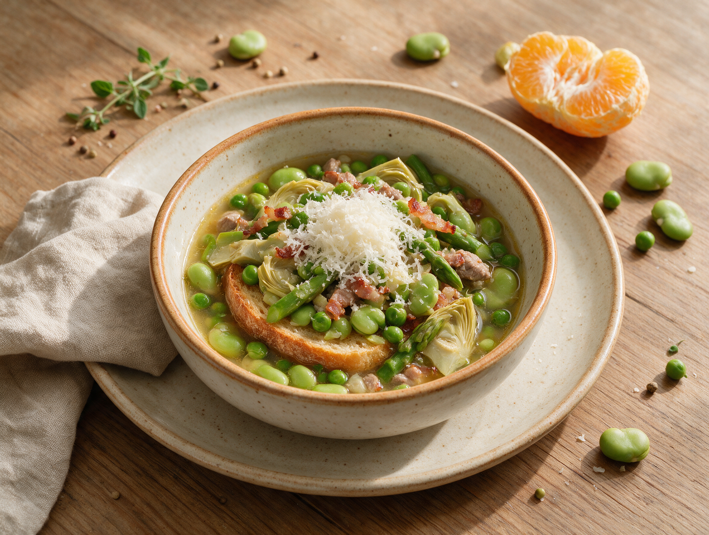 Bowl of garmugia lucchese with fava beans, peas, and artichoke slices in broth over toasted bread, topped with grated parmesan on a wooden table.