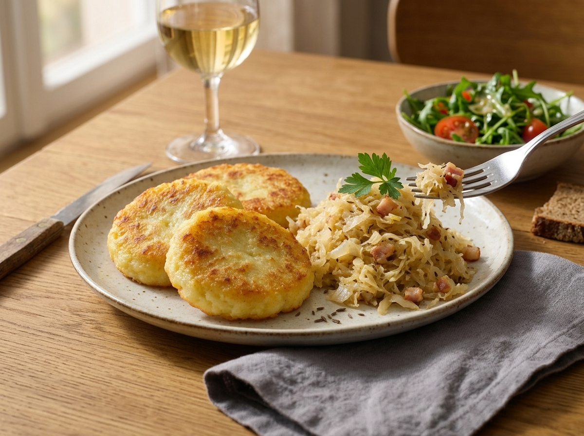 A rustic table set with a plate of Kartoffelblattln con Crauti, a glass of white wine, and a linen napkin nearby