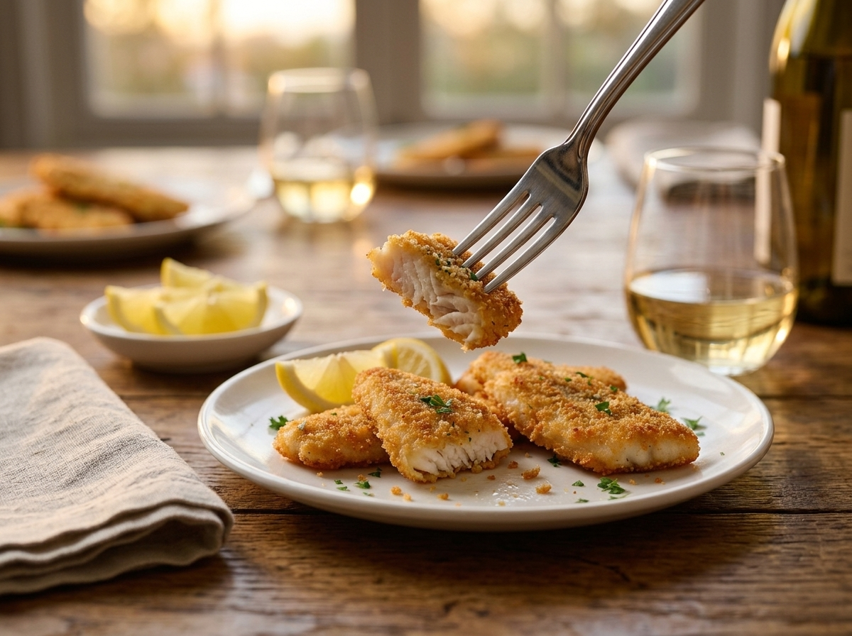 A wooden table set with pan-fried perch fillets, a glass of white wine, lemon wedges, and a linen napkin