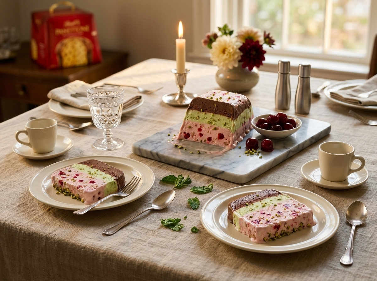 Two plates of striped spumone slices beside espresso cups and torn mint leaves on a linen-topped holiday table.