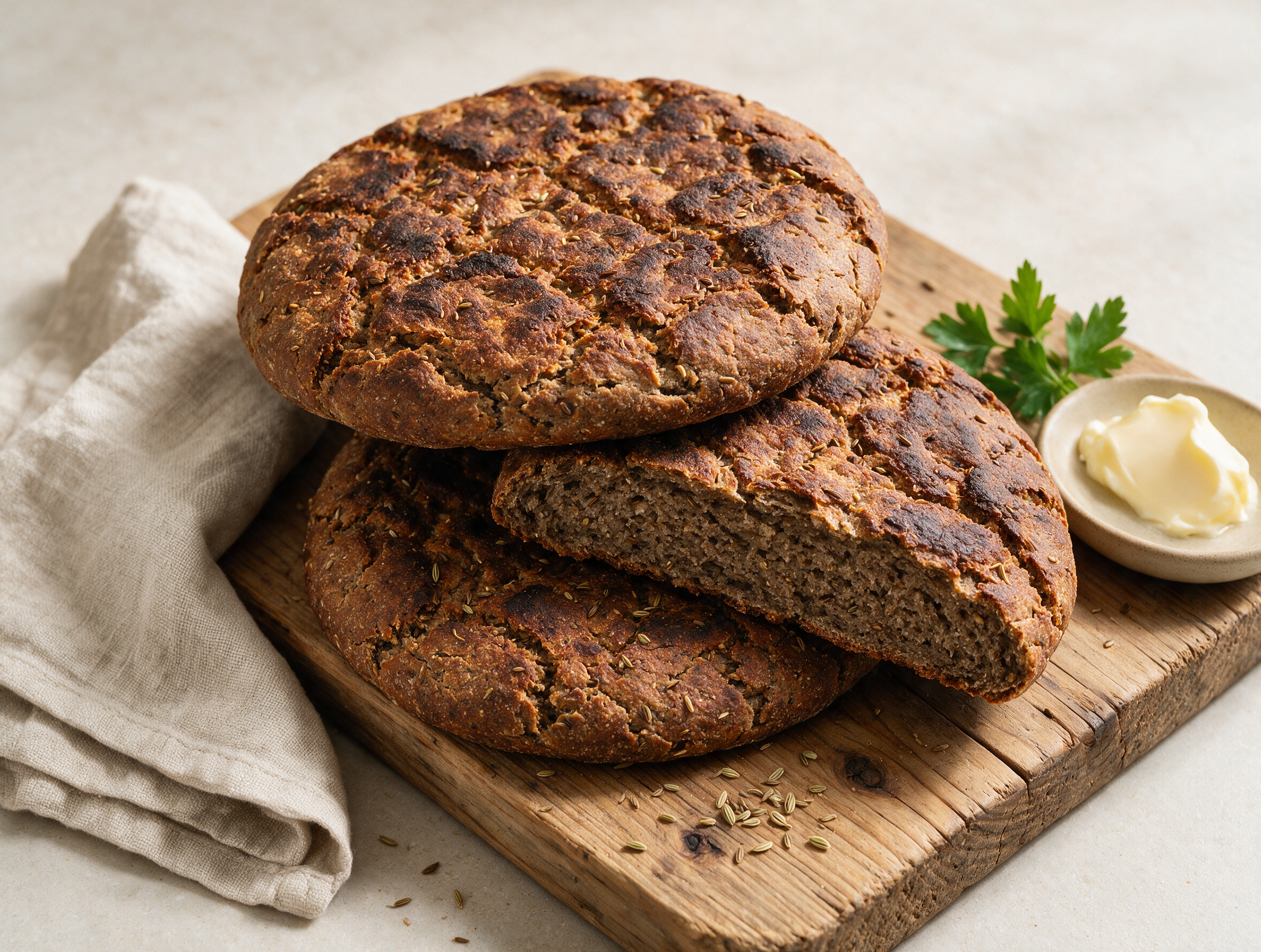 Round Pusterer Breatl loaves stacked on a wooden board, one broken open to show a dense, dark rye crumb.