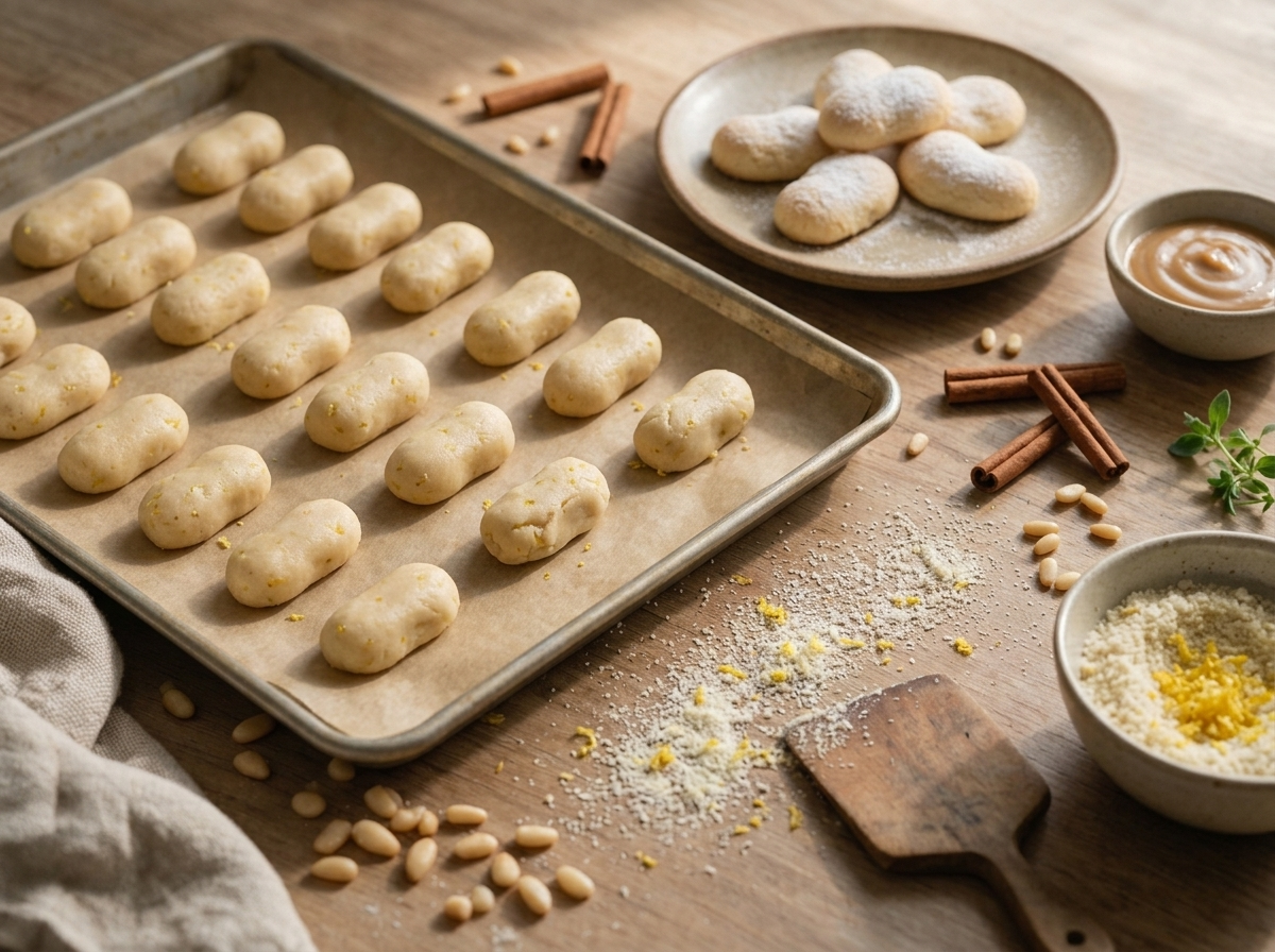Hands shaping almond cookie dough into small bean-shaped ovals on a parchment-lined sheet pan before baking.