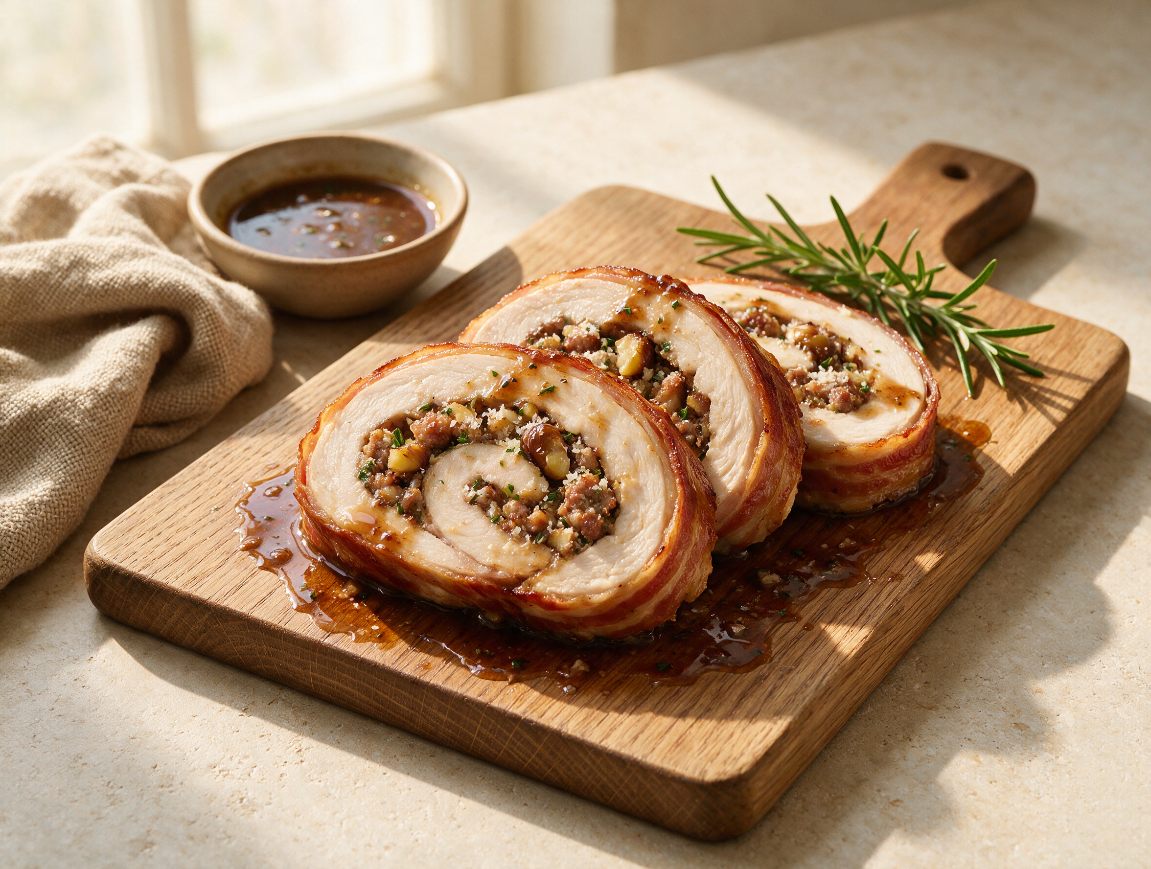 Sliced tacchino ripieno on a wooden board, spiral of sausage and chestnut stuffing visible inside pancetta-wrapped turkey rounds